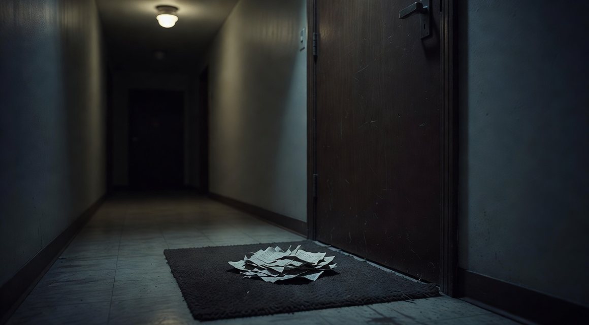 문 앞에 쌓인 전단 이미지 — 밤의민족 한 달 공백 안내